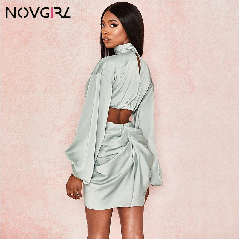 Novgirl/модное сатиновое платье с высоким воротом и пышными рукавами для женщин