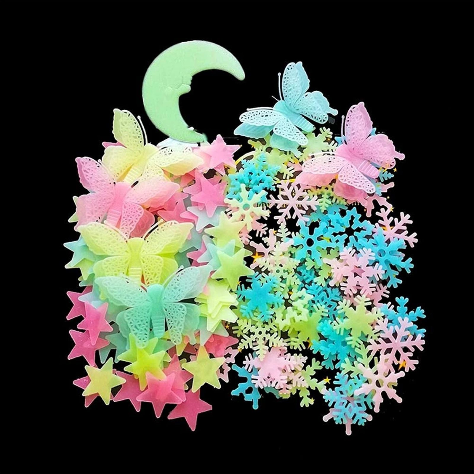 

20pc Glow In Dark Stars,moon,snowflake And Butterfly- Bright Multicolor Wall Stickers For Ceiling Decals-bedroom Living Room Dec