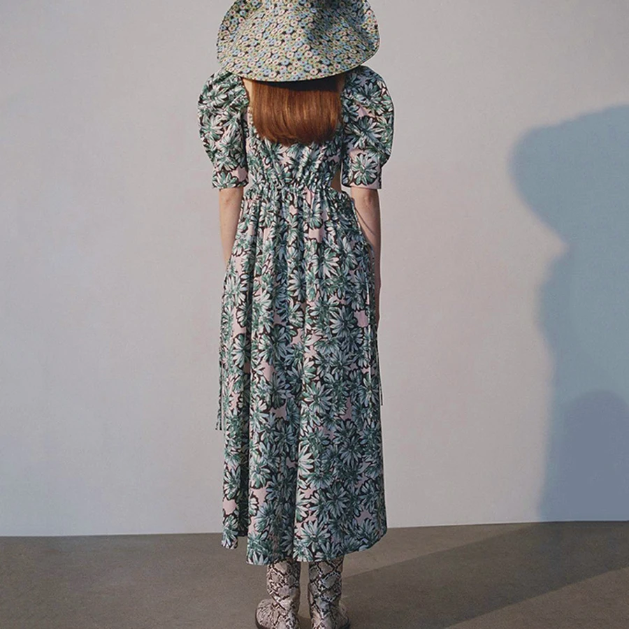 TEELYNN puff sleeve long summer dresses 2020 vintage green floral print Drawstring waist elegant party women vestidos | Женская одежда