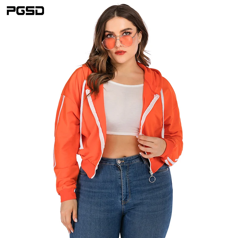 

PGSD Autumn Winter Women Big Size Coats Fashion 2020 Casual Long Sleeve Short Top Zipper Orange Outer Wear Oversized Hoodie 4XL