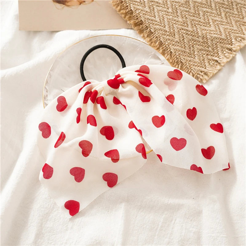 

Heart Print Bowknot Scrunchies Hair Rope Ribbon elastic Hair Bands For Women Girl Ponytail Holder Hair ties Accessories Headwear