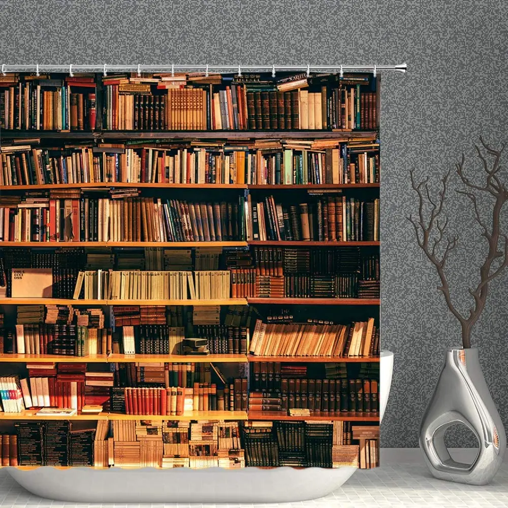 

Library Shower Curtain Bookcase with Books Bookshelf Bookworm Study Home Decor Fabric Bathroom Curtains Polyester with Hooks