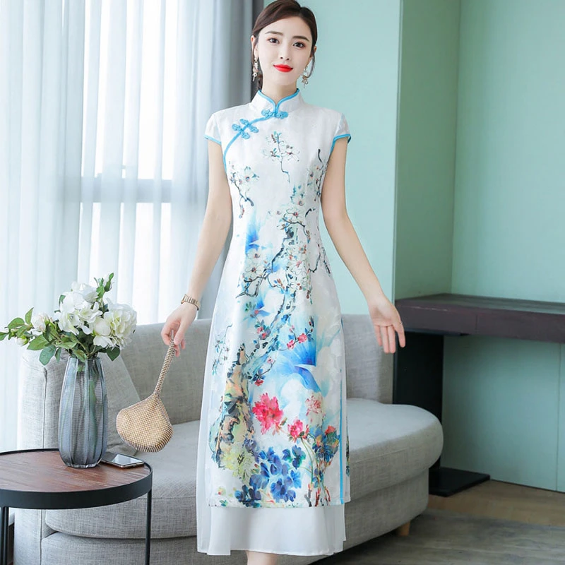 Летнее свободное удобное платье Ципао в литературном стиле традиционное