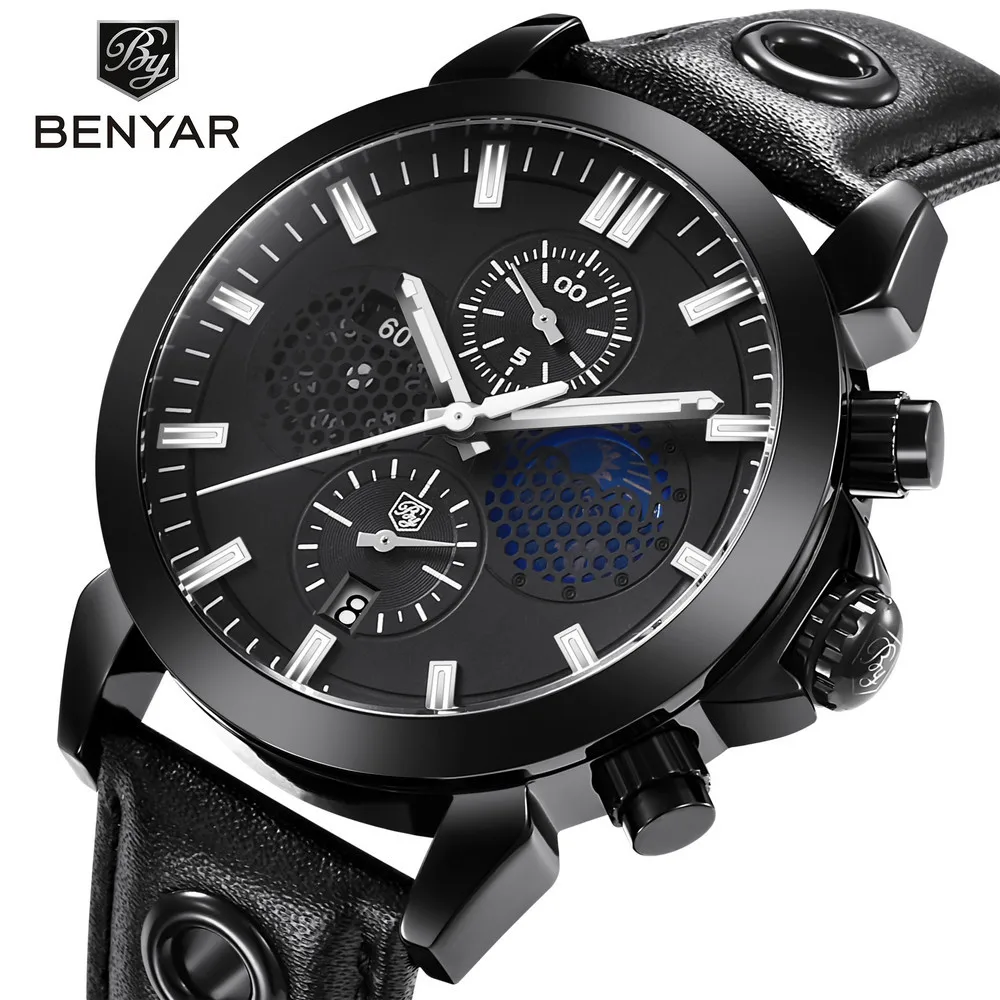

BENYAR BY5124M men's quartz watch leather strap three small plate hands business watch