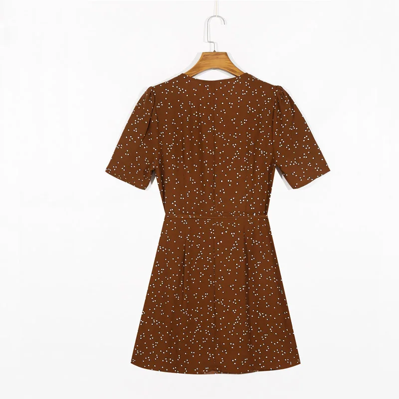 

Summer holiday beach with button women's dress polka dot printed V-neck short sleeve button decoration slim dress Vestidos