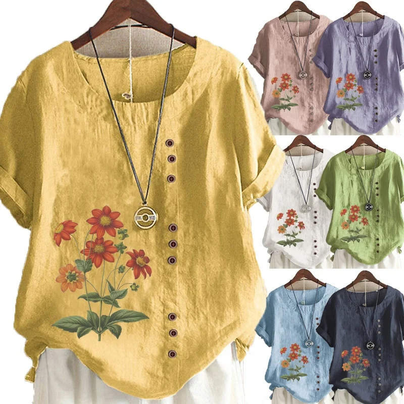 

Women's Summer Round Neck Short Sleeve T-shirt Casual Linen Shirt Leisure Fashion Loose Floral Printed Blouse Tops Plus Size