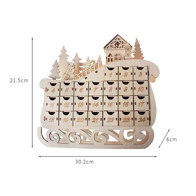 

2021 New Sleigh Wooden Advent Calendar Countdown Christmas Decor 24 Drawer with LED Light