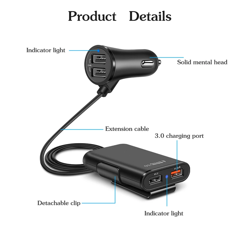 Автомобильное зарядное устройство QC3.0 с 4 USB-портами адаптер питания удлинителем