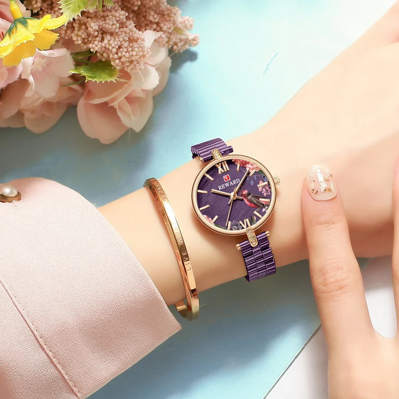 

Women Watches REWARD Luxury Purple Stainless Steel Clock Quartz Wristwatch Female Casual Charm Watch for Lady relogios feminino