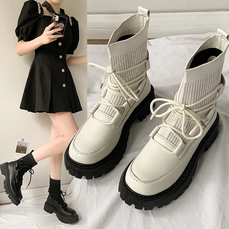 

Women Ankle Boots Fashion Shoes Round Toe 5cm Heel Lace Up And Slip On Platform Black White Shoes For Woman Casual
