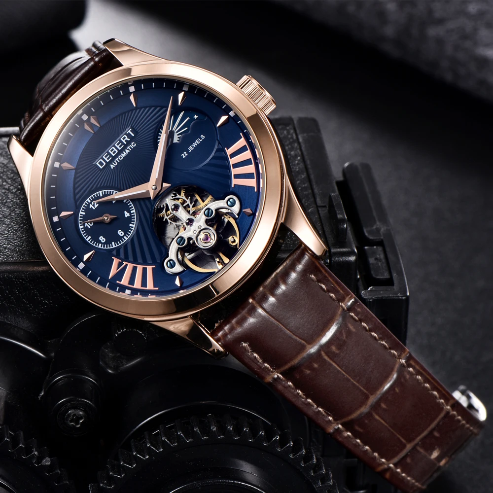 Мужские водонепроницаемые часы с синим циферблатом и кожаным ремешком 41