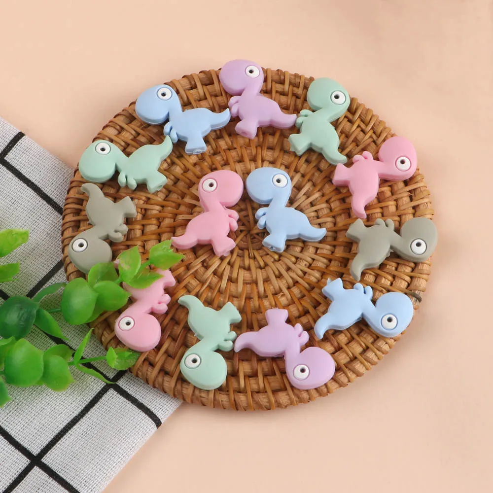 Kovict-Mini cuentas de silicona con forma de dinosaurio para beb&eacute;, mordedor Molar, cadena de chupete, accesorios de joyer&iacute;a, 10 piezas-1