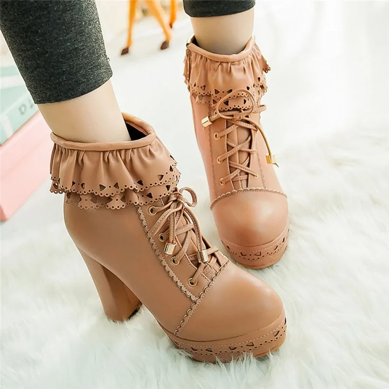 Botas Mujer/модные зимние ботильоны в стиле Лолиты на очень высоком каблуке с круглым носком и шнуровкой женские кожаные ботинки в стиле ретро;#5
