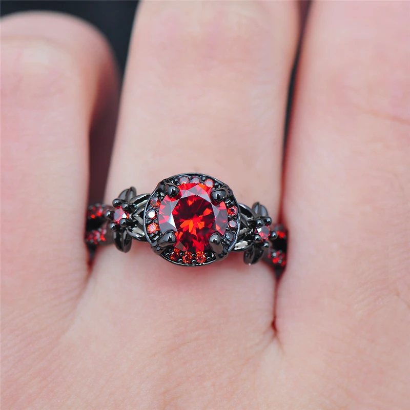 

Luxury Female Green Round Stone Ring Charm 14KT Black Gold Wedding Rings For Women Promise Love Flower Engagement Ring