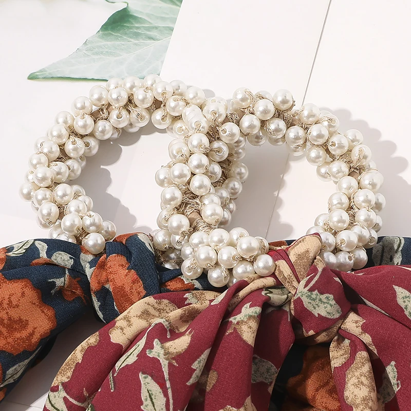 

Fashion Pearl Floral Print Scrunchies Solid Long Hair Ribbon For Women Ponytail Scarf Sweet Elastic Hair Band Hair Accessories