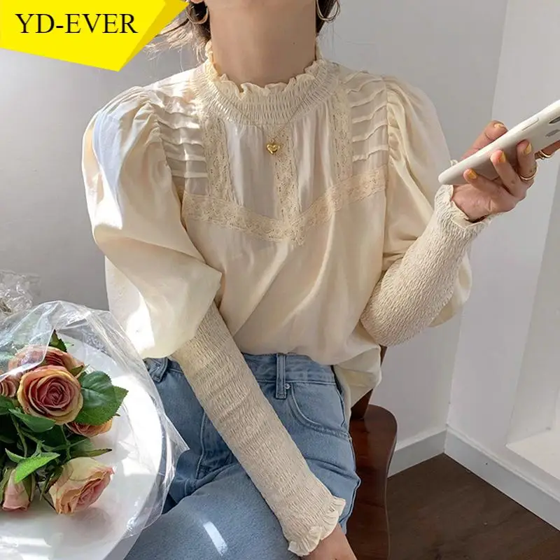 Woherb милые рубашки со стоячим воротником кружевными оборками Лоскутная Свободная