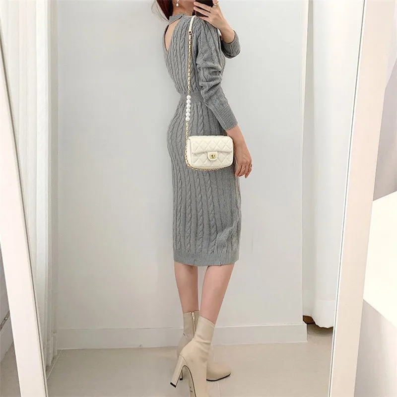 

2021 spring chic twist knitted termperamnt elegant long dress all-match basic winter thicken sweater dress 2020 winter fashion