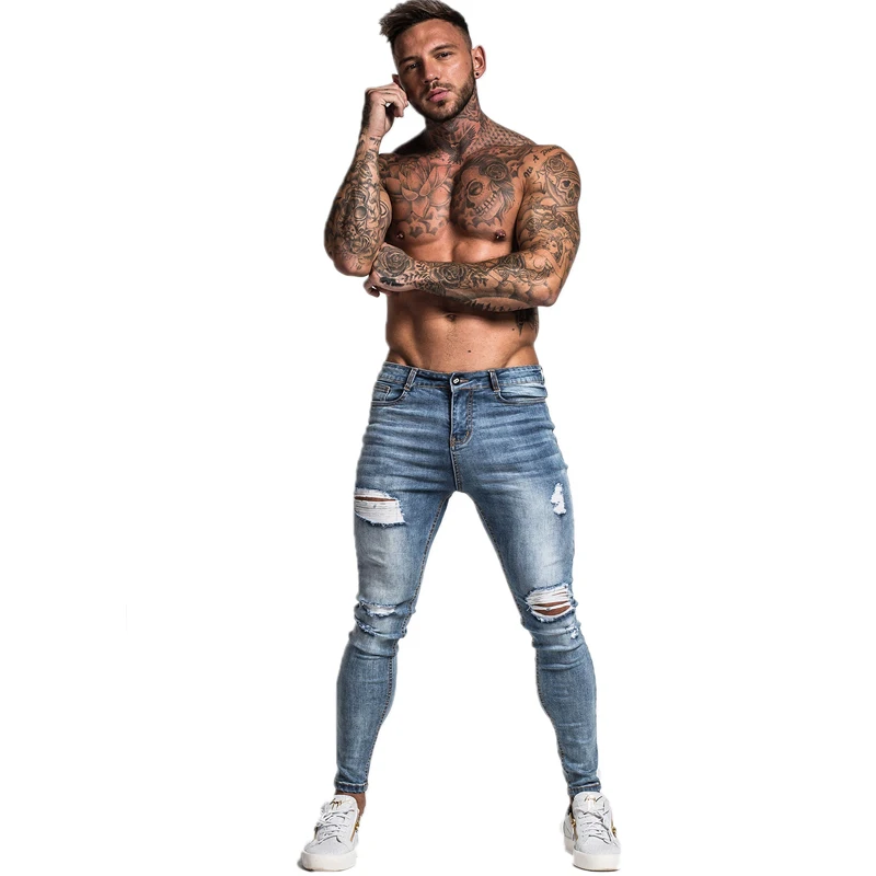 Gingtto Men Jeans Skinny Stretch Repaired Light Blue Hip Hop Distressed Super Slim Fit Cotton Comfortable Big Size | Мужская одежда