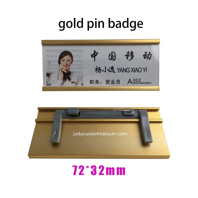 gold pin 72X32mm 20 шт пустые Сменные именные ярлыки многоразовые значки с магнитным или штырьковым значком для имени персонала отеля с металлической табличкой - Цвет: gold pin 72X32mm