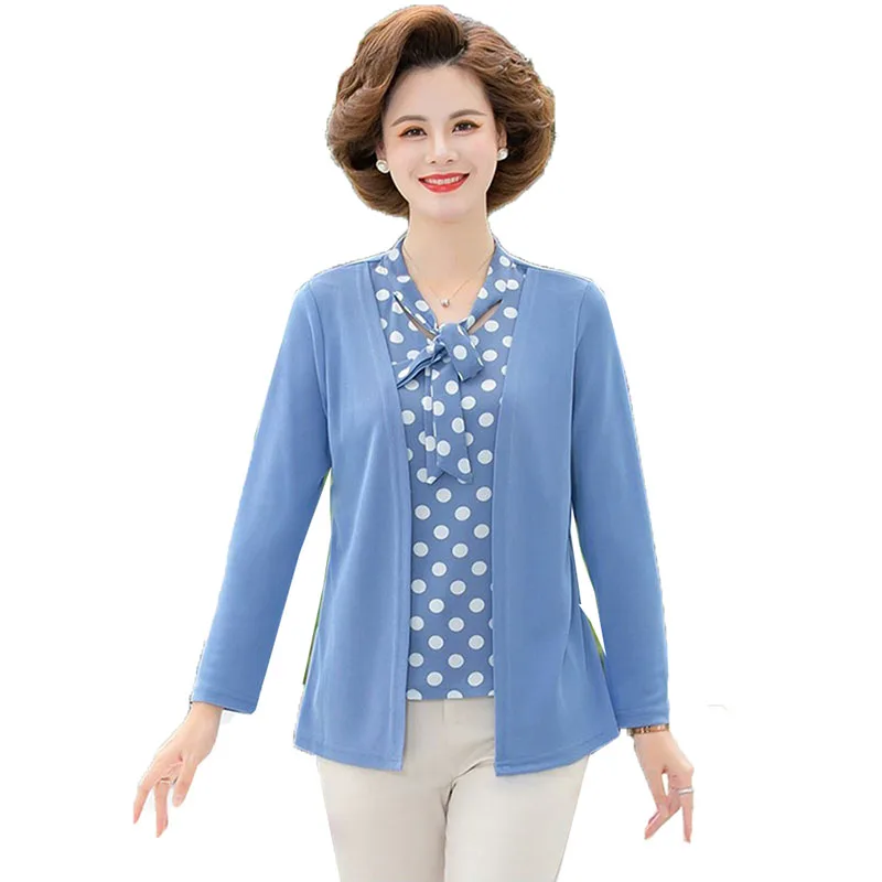 

Футболки для женщин среднего возраста, весна-осень 2021, трикотажные футболки с длинным рукавом и имитацией двух вставок, женские пуловеры, топы