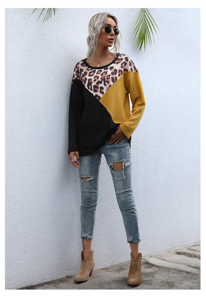

2021 New Shirts for Women Street Style Casual Loose Leopard Patchwork Woman Tshirts O-neck Long Sleeve Tops for Women Spring