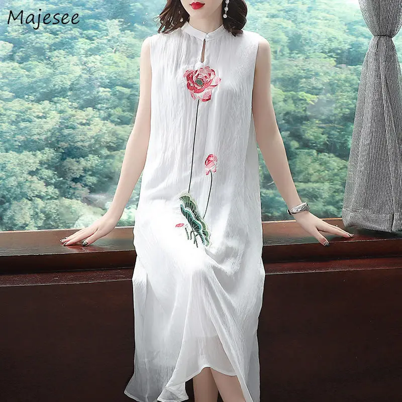 

Sleeveless Dress Women Embroidery Cheongsam Dresses Mandarin Collar Vintage Loose Slim Stylish Comfortable Elegant Ladies Retro
