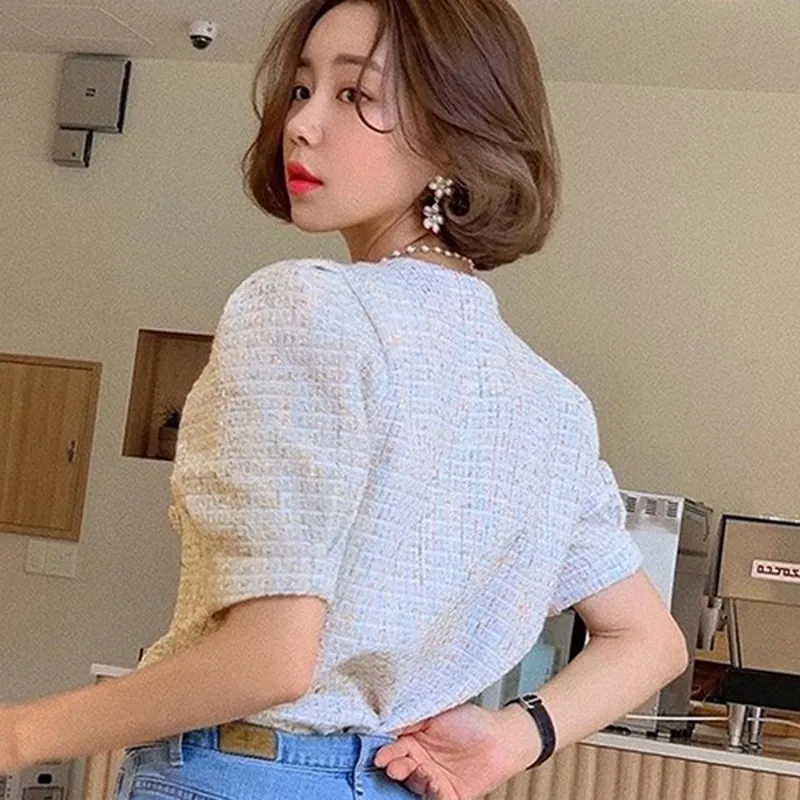 

Ladies Fashion Single-breasted Round Neck Tweed Thick-Thread Blended Short Jacket Top Retro Women's Jacket Chic Casual Top