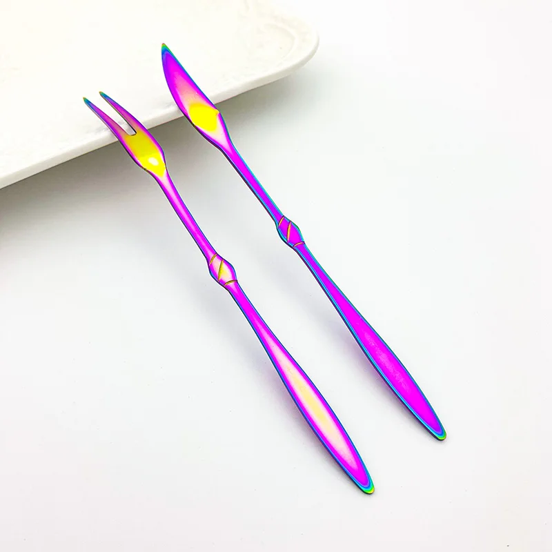 Фруктовые вилки из нержавеющей стали набор разноцветных столовых приборов для