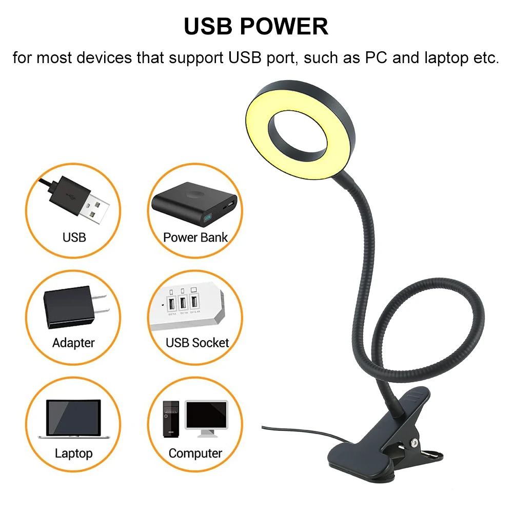 LED Clip On Desk Lamp USB Reading Light with 3 Mode Brightness Eye Caring Flexible Gooseneck Bedside Book Studying | Лампы и освещение