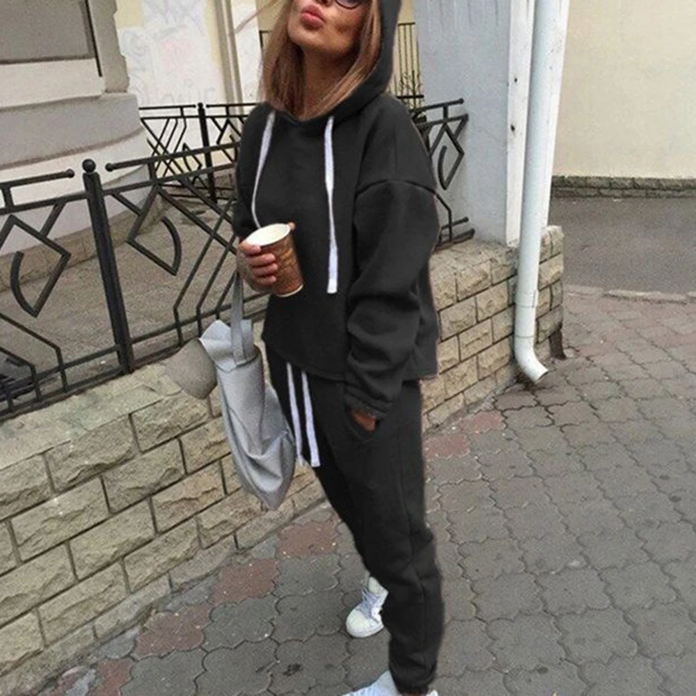 Женский модный Одноцветный спортивный костюм комплект из 2 предметов Осенний