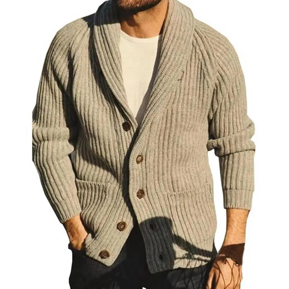 

Fashion Men Knitted Cardigan Turndown Collar Pocket Design Woolen Yarn Winter Keep Warm Men Clothing Cardigan for Outdoor
