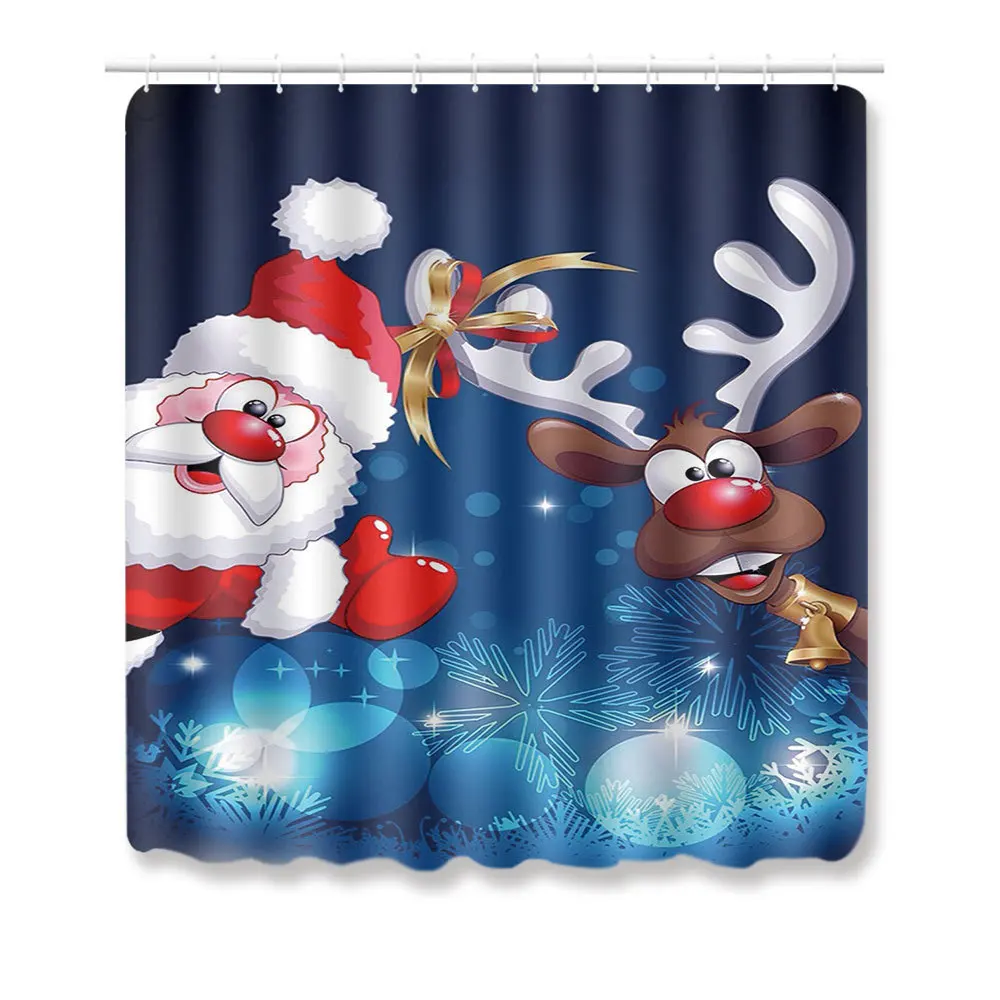 Merry Christmas Лось Дед Мороз Санта ванная комната водонепроницаемый Душ занавеска набор пьедестал Ковер Крышка ковер Туалет крышка коврик для ванной набор - Цвет: Blue Curtain B