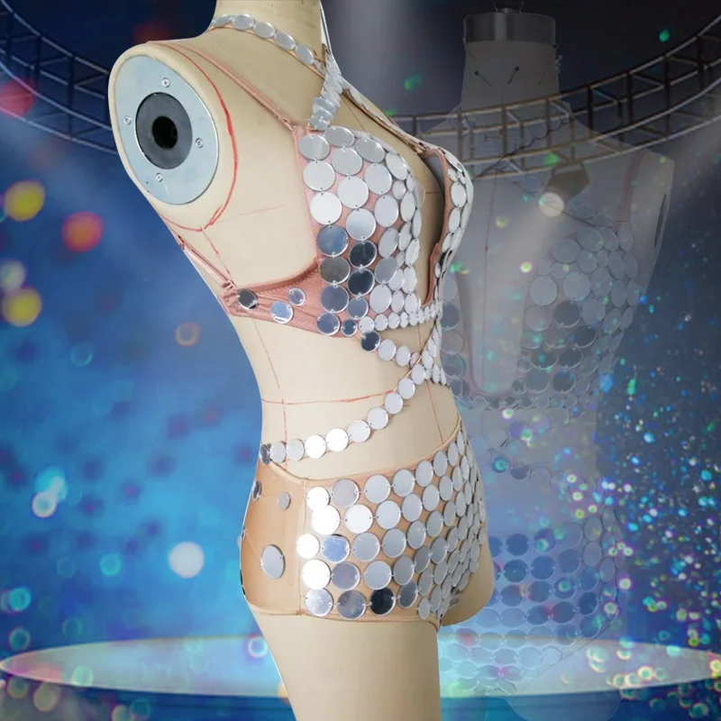 Набор серебристого бикини с ручным шитьем женский костюм для диджея певицы танца