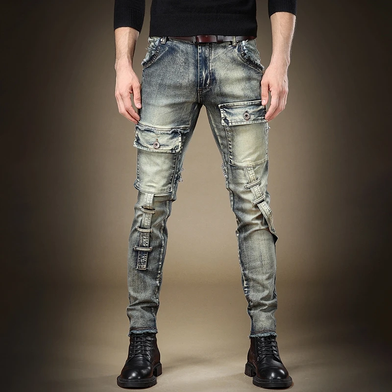 Free Shipping New men's male American retro washed overalls jeans autumn winter scratched edging slim-fit denim pants small feet