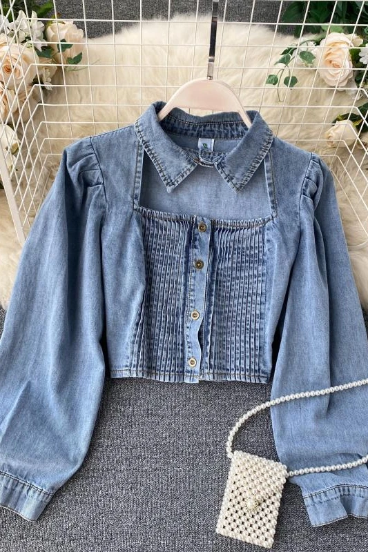 

Spring and Autumn Hollow Retro Pleated Square Collar Short Denim Jacket Women Women's Tops Shirts