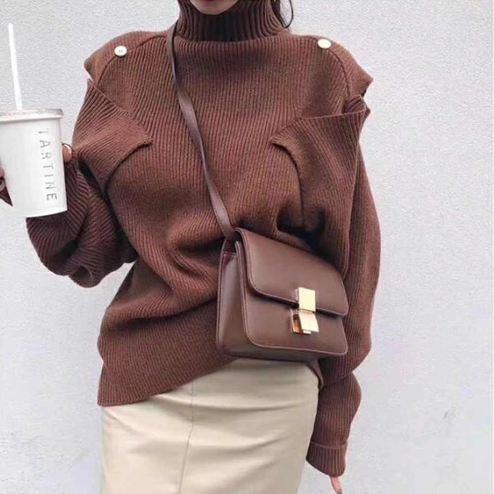 Вязаный женский свитер водолазка с длинным рукавом корейский пуловер большого