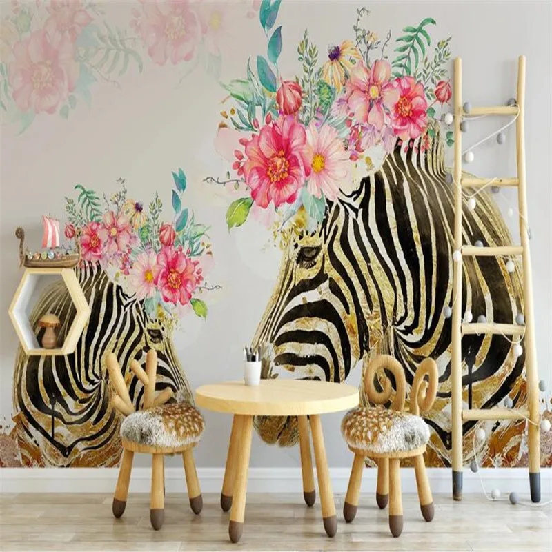 Large 3D wallpaper mural custom hand-painted golden zebra nordic flower children's room background | Обустройство дома