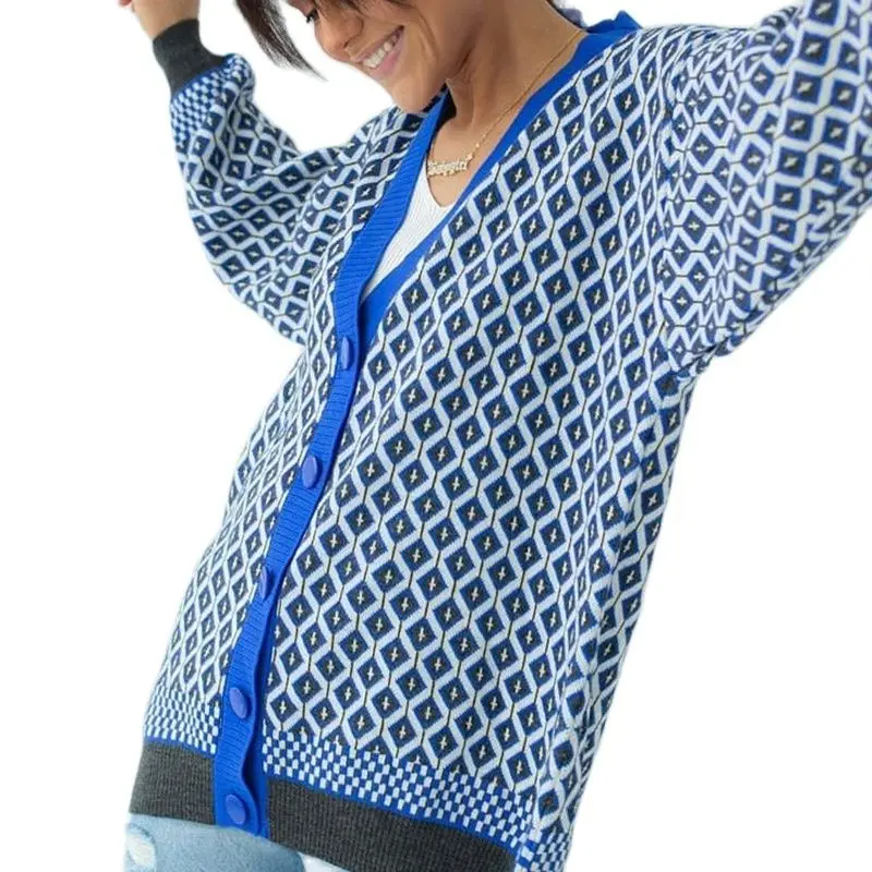 

M.Y.FANTASY 2021 Women V Neck Knitted Cardigans Sweater Pink Houndstooth Knit Cardigan Long Sleeve Fashion Autumn Oversized Jum