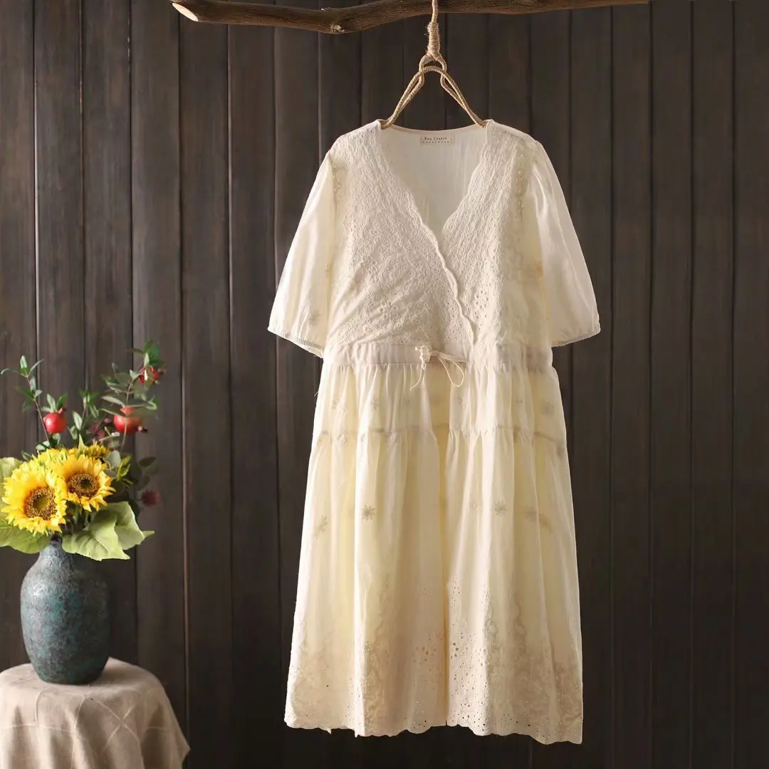 

Summer new hollow embroidery cotton dress casual loose drawstring waist dress