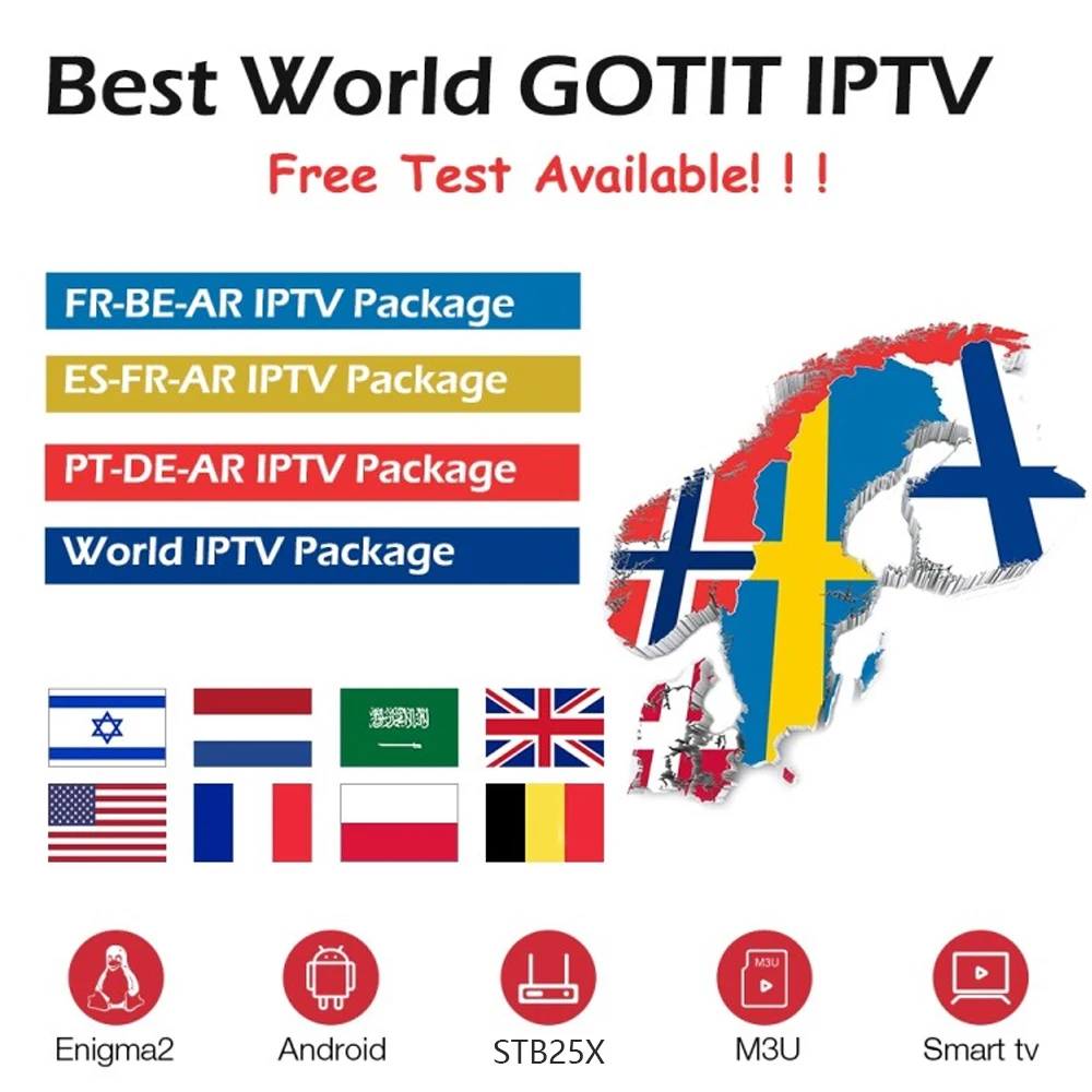 GOTIT лучший мир IP ТВ подписка для французского арабский шведский испанский португальский Израиль голландский скандинавский IP ТВ Android Smart tv M3U