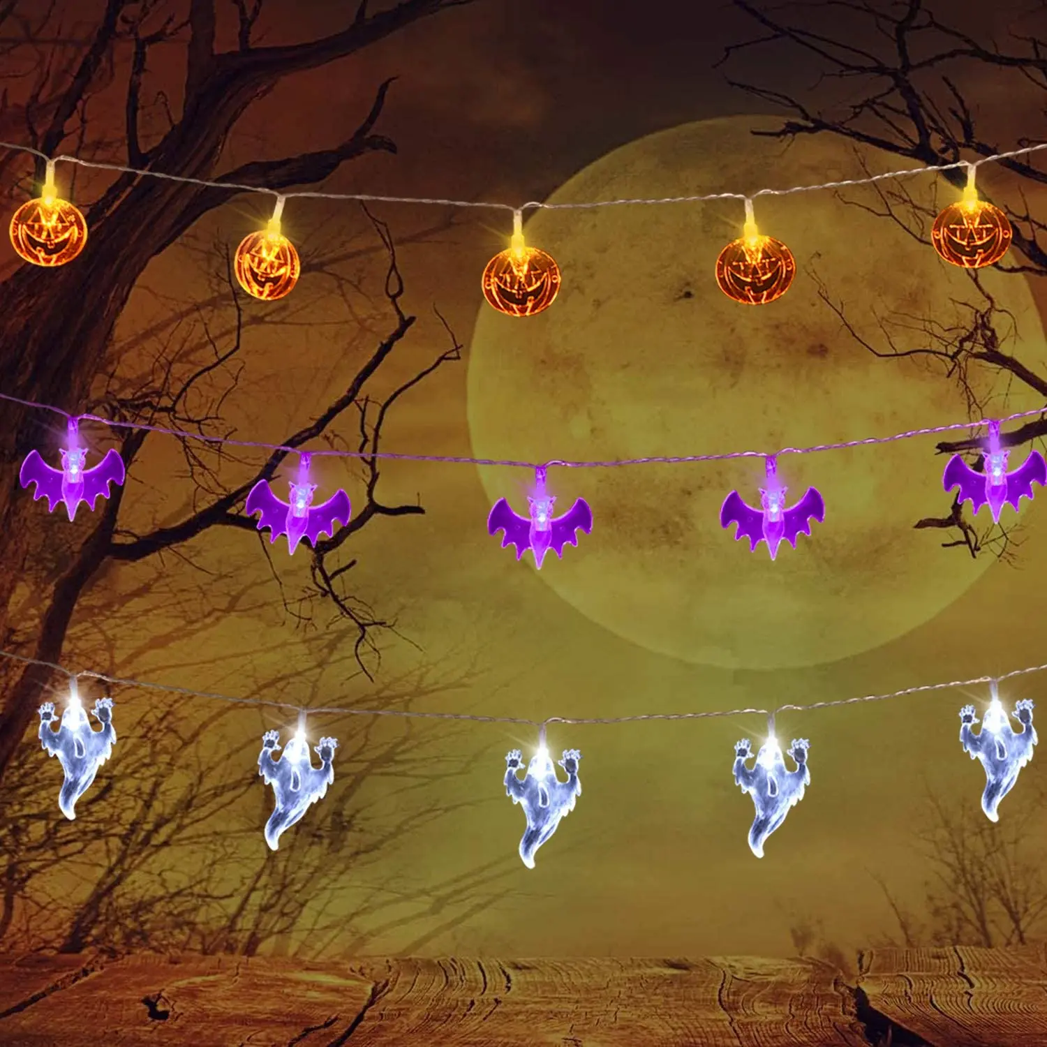 

Set of 3 Halloween Lights (20 LEDs Orange Pumpkins, Purple Bats, White Ghosts), Battery String Lights for Halloween Decorations
