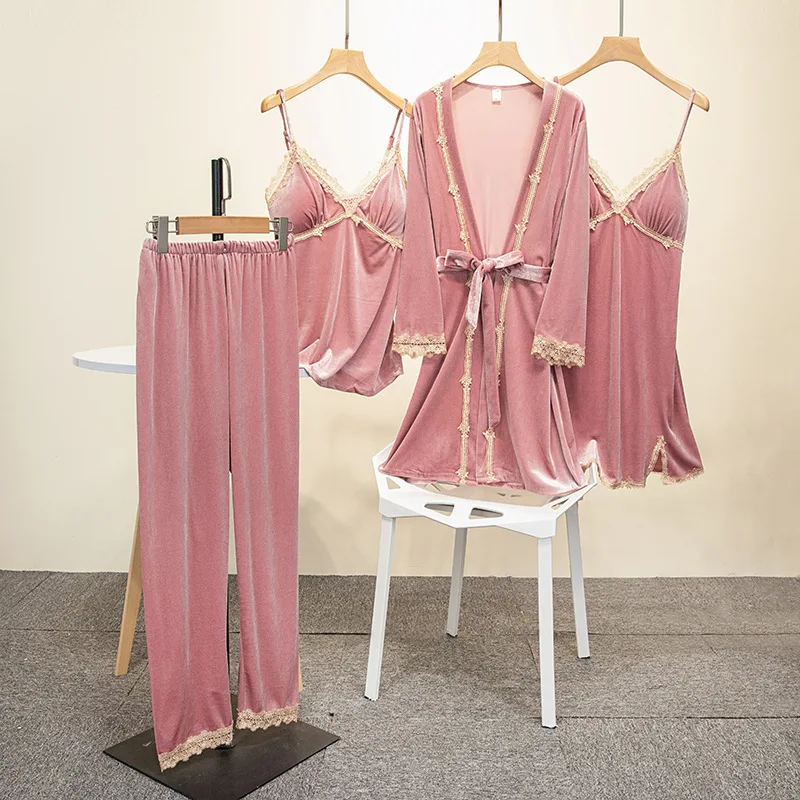 

4PCS Pajama Suit Velvet Lady PJS Set Autumn Nightwear Lace Velour Kimono Robe Gown Strap Nightgown V-Neck Sleepwear Lingerie
