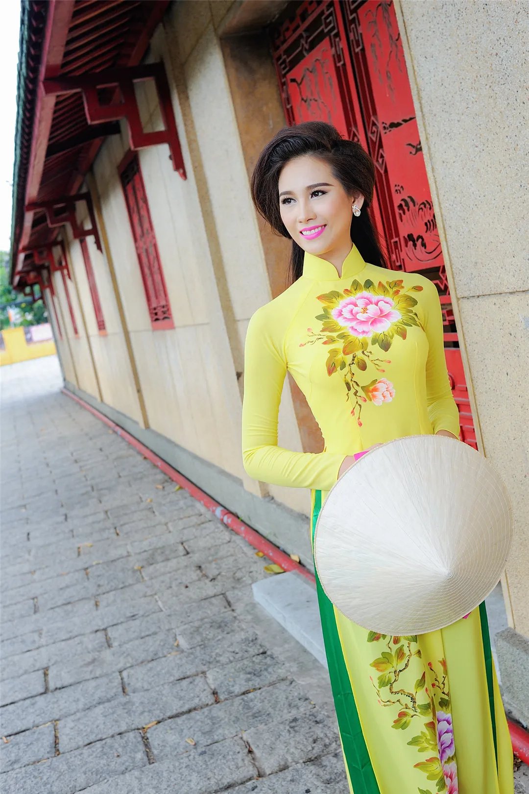 hand-painted peony traditional qipao dress two-piece cheongsam aodai vietnam clothing 2pcs | Тематическая одежда и