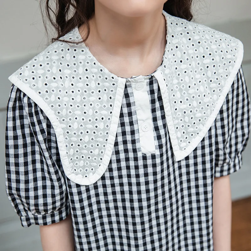 

Girls Outfits Puff Sleeve Plaid Tops Black Shorts Sets for Girls Summer Casual Two Pieces Big Turndown Collar Children Clothing