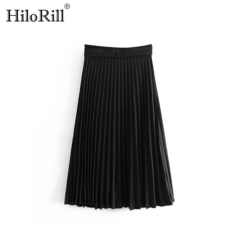 

HiloRill Solid Pleated Loose Skirt Sashes Mid Calf Skirts Womens High Waist Vintage Faldas Spring Autumn High Quality Jupe Femme