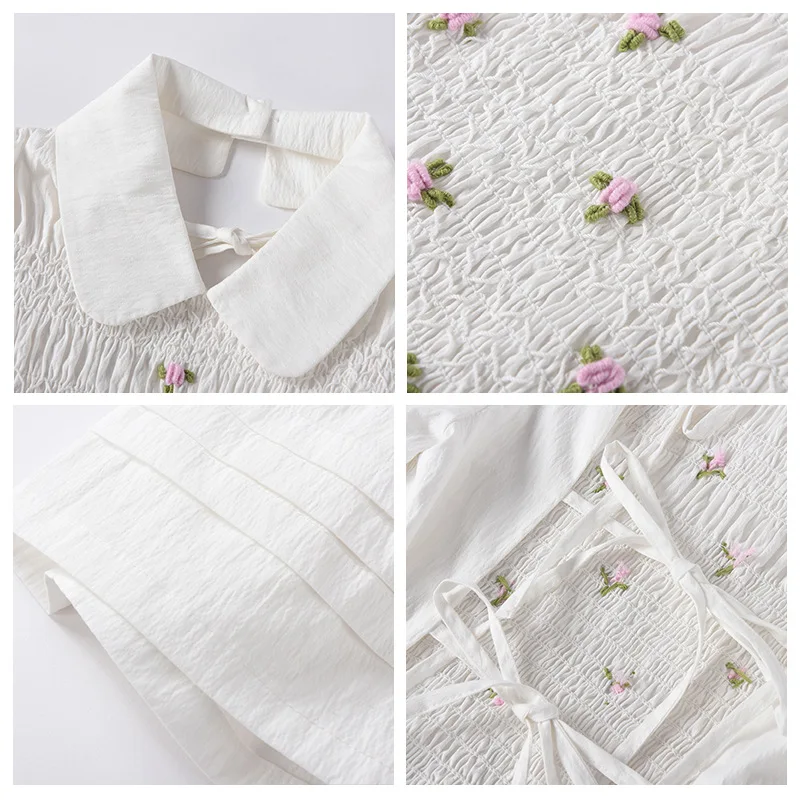 

Spring Summer New Chic Embroidery Flower Dress White Puff Sleeve Doll Collar Women Sweet Lovely Holiday Style Fairy Dresses