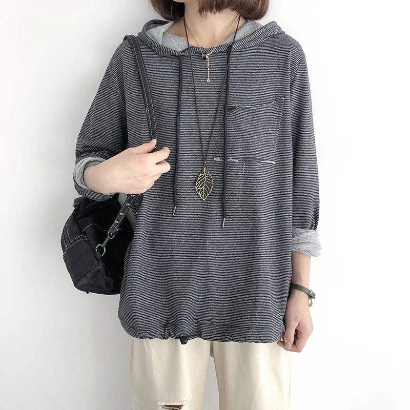 Autumn Casual Women Stripe Shirt Cotton Hooded Long Sleeve Spring Thin Pockets Loose Female Fashion Blouse YoYiKamomo
