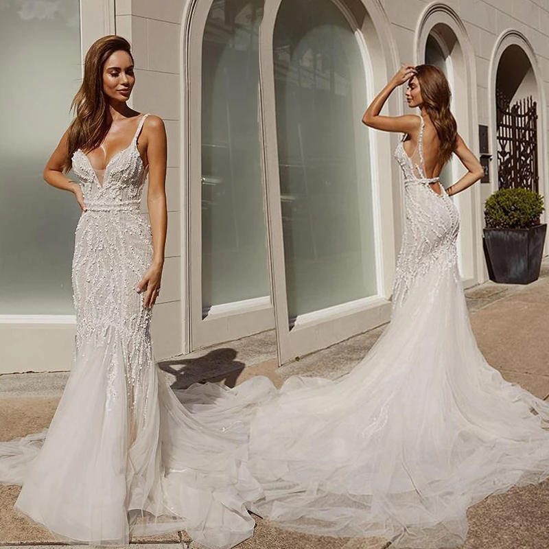

Mermaid Wedding Dress 2021 Sexy Spaghetti Lace Applique Beaded Backless Sweep Train Beach Long Bride Wedding Gowns White Dresses