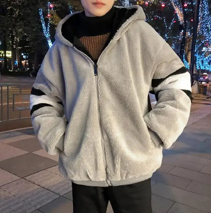 

2021 lamb wool cotton jacket men's coat Korean fashion handsome plus velvet padded loose bf student casual cotton jacket men