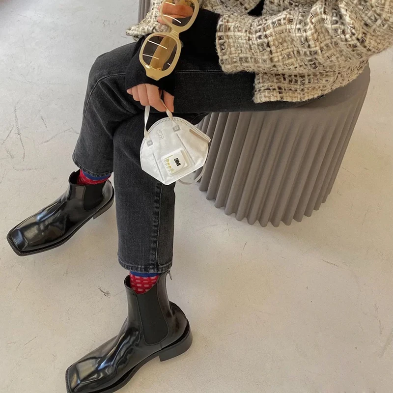 

Female British Style New Fashion Thick Heel Square Toe Back Zipper Short Boots Elastic Band Black Women Trendy Chelsea Boots